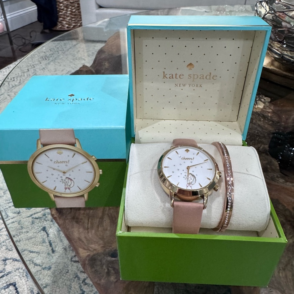 kate spade blush pink leather watch and gold-tone crystal bangle set